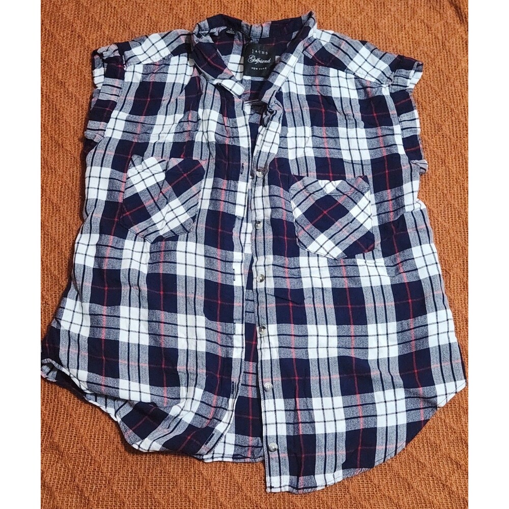 Jachs Girlfriend Navy Blue Plaid Sleeveless Button Down Shirt Rayon. Large
